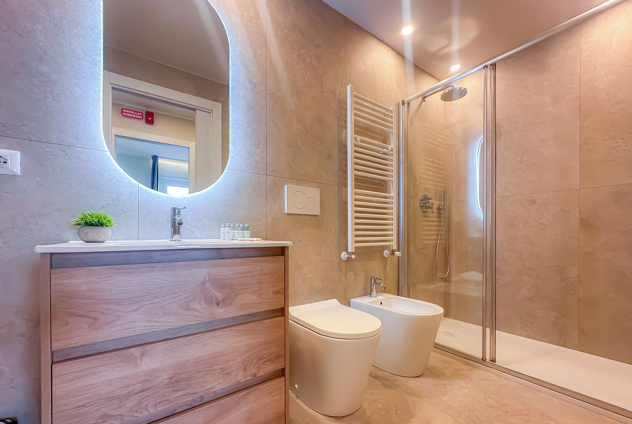 Shower, hair dryer, bidet, towels