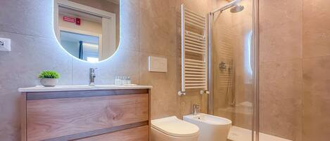 Shower, hair dryer, bidet, towels