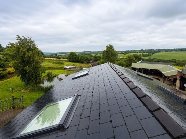 Une terrasse sur le toit avec une lucarne, une vue sur un paysage rural et un bâtiment doté d’un toit végétalisé.