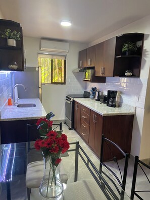 A compact kitchen with a built-in stove, a sink, and a window with a view of greenery. - Jade Beach Complex—exceptional, dreamlike, with the beach just 300 meters away. Condo 63 (Playa del Coco)