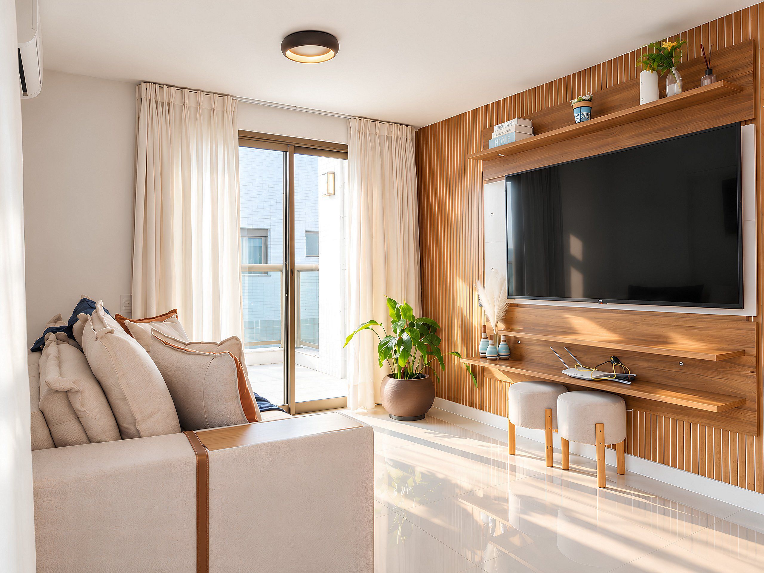 Een moderne woonkamer met een bank, een flatscreen televisie, een potplant en houten wandbekleding.