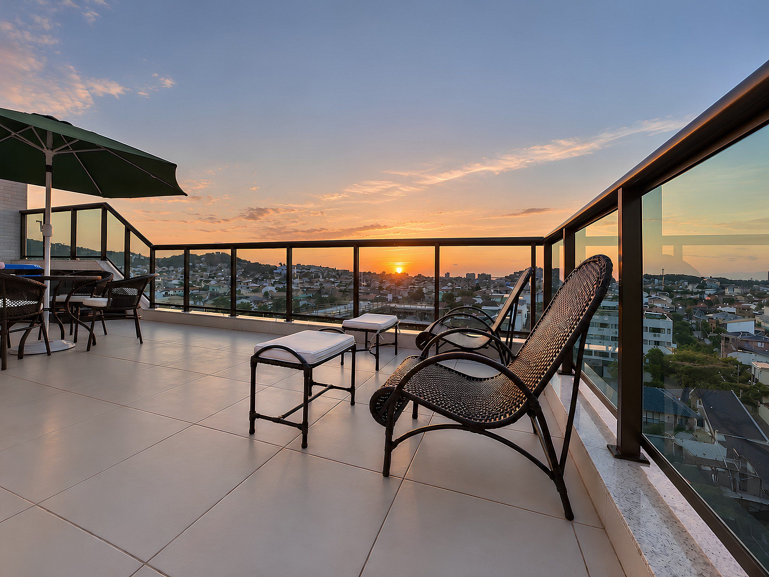 A terrace with a table and chairs, a green umbrella, and a view of the sunset over a cityscape.