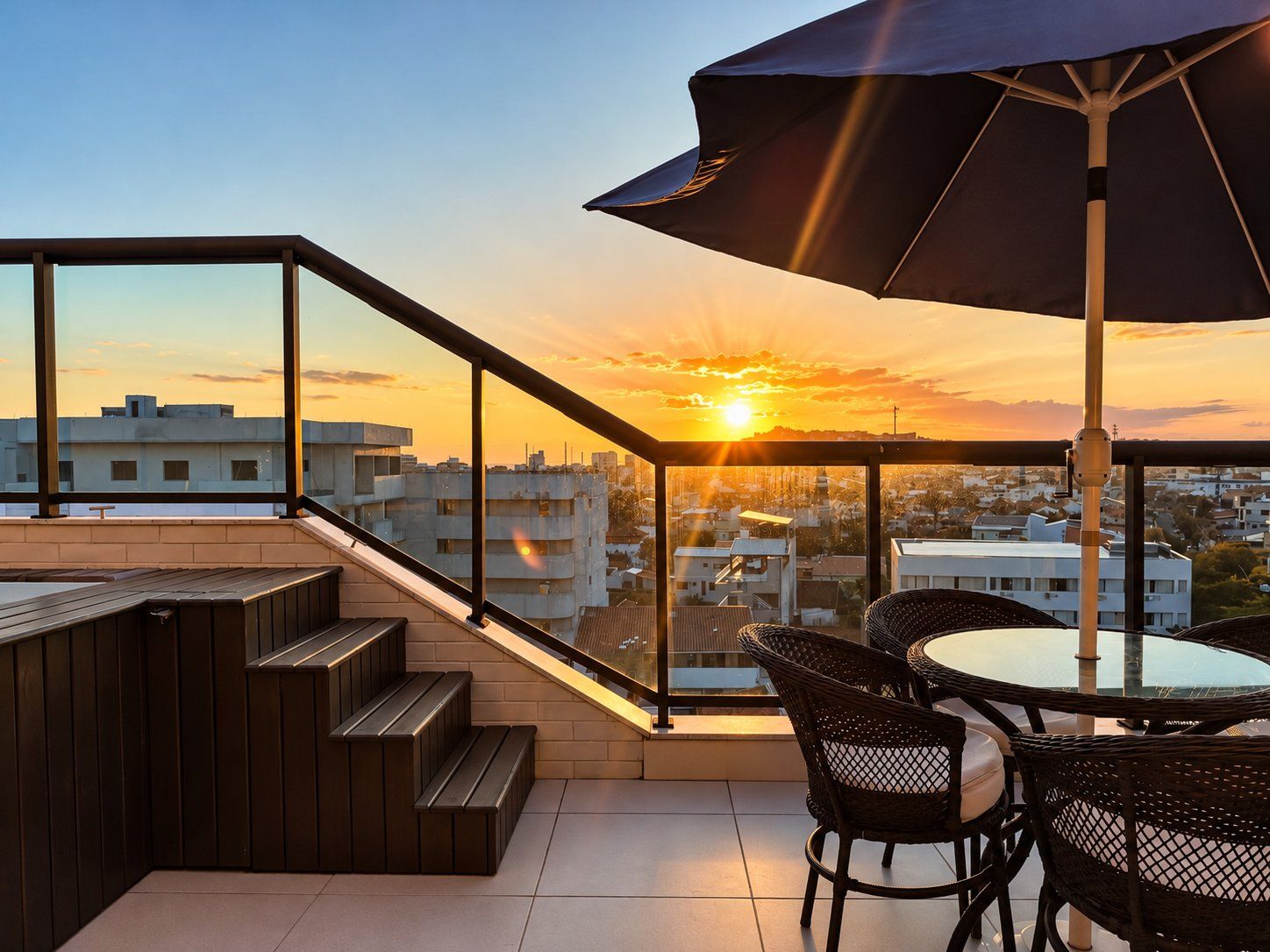 A rooftop terrace with a view of the sunset, a table with chairs, and a large umbrella.