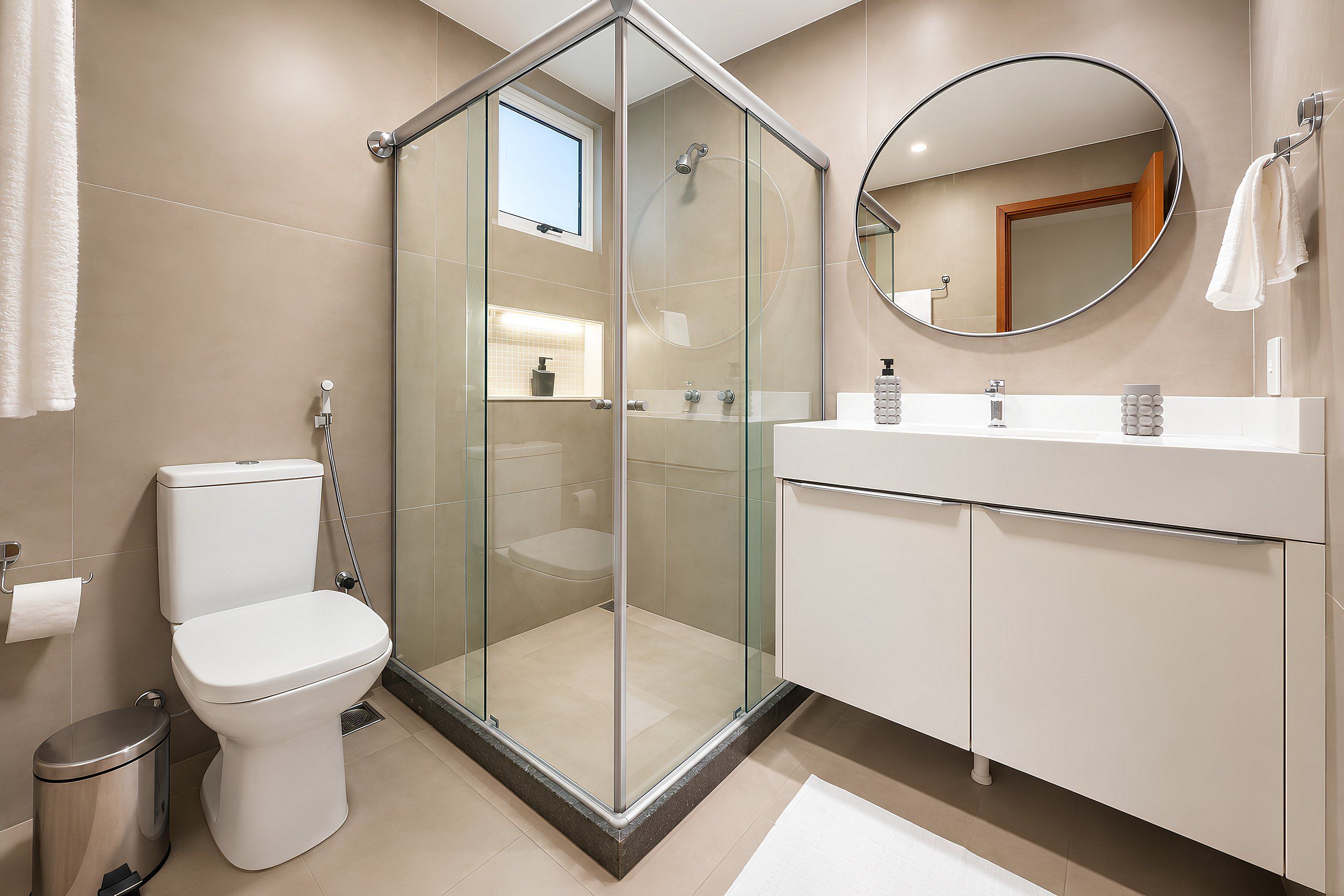 A modern bathroom with a glass-enclosed shower, a toilet, a sink with a mirror, and a towel rack.