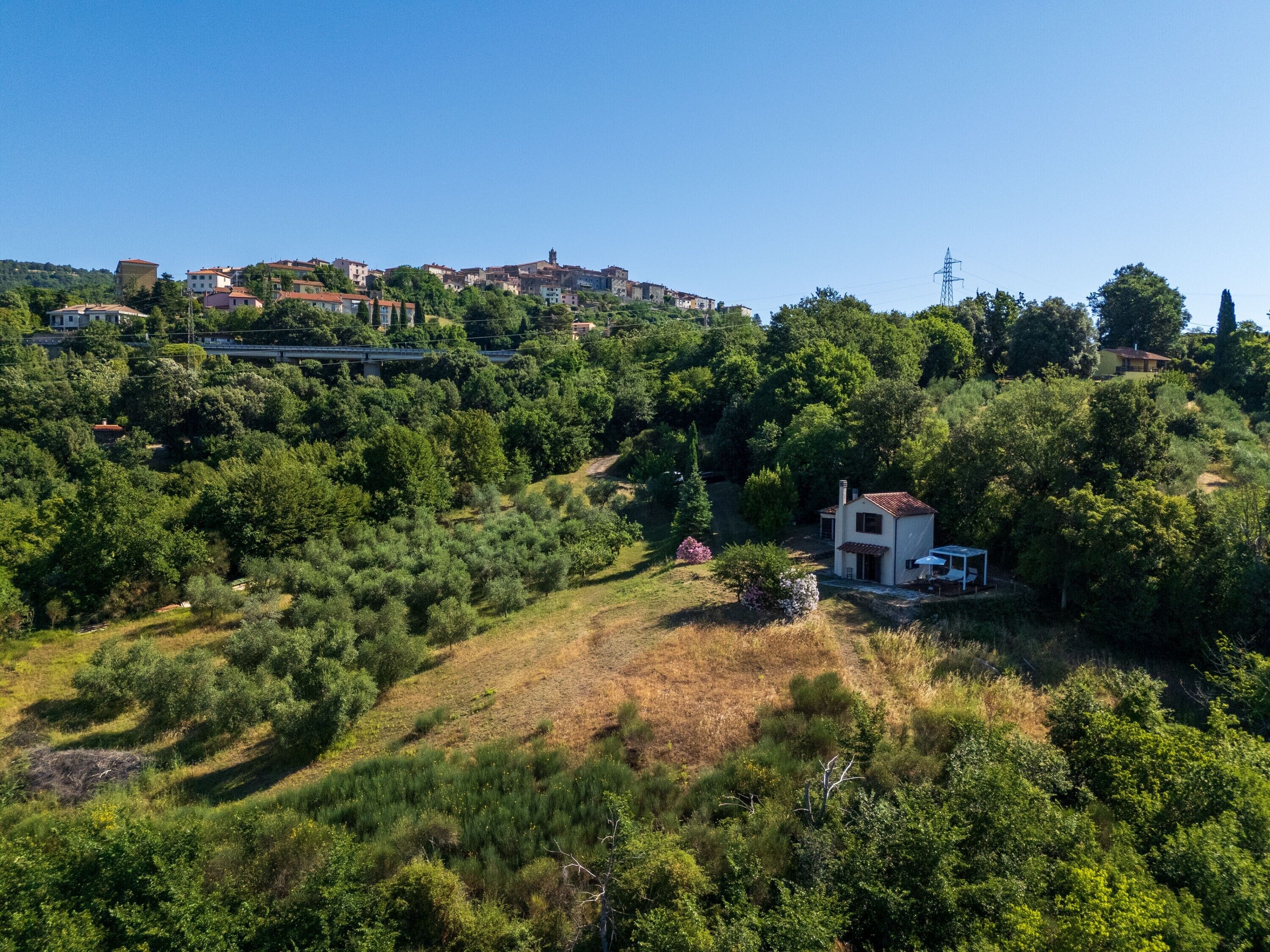 Un quartiere residenziale con case su una collina, un ponte e una torre della linea elettrica.