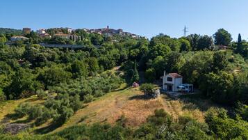 Un quartiere residenziale con case su una collina, un ponte e una torre della linea elettrica.