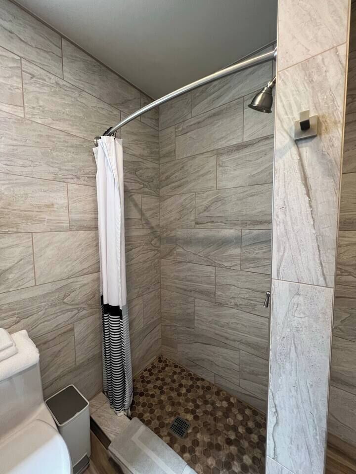 Hair dryer, towels, soap, shampoo