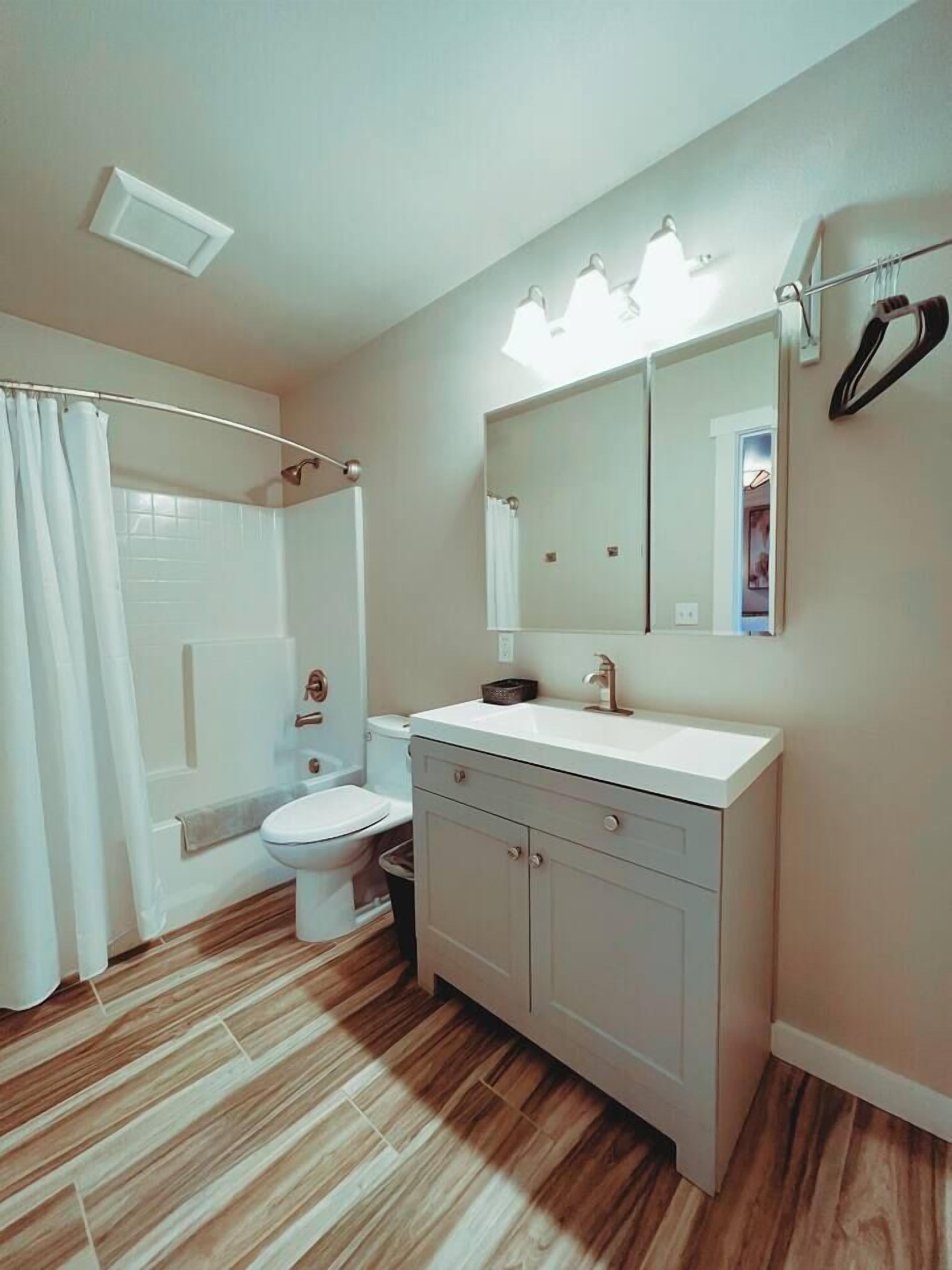 Hair dryer, towels, soap, shampoo