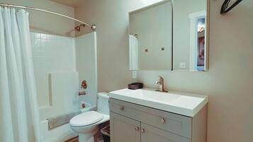 Hair dryer, towels, soap, shampoo