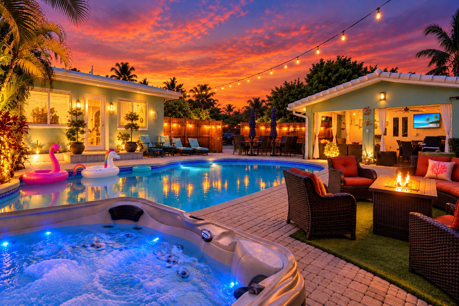 A swimming pool with lounge chairs and a hot tub, surrounded by string lights and palm trees.