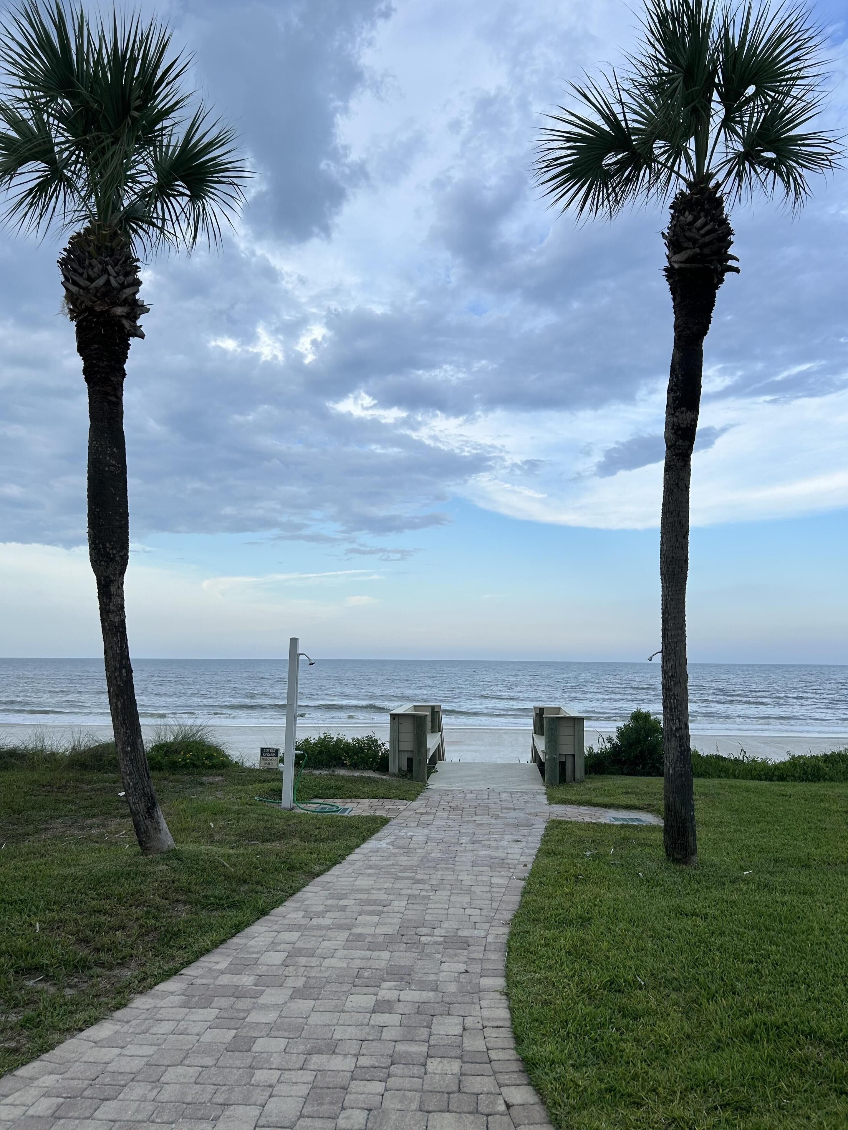 A pathway leading to beachside seating with palm trees on either side.