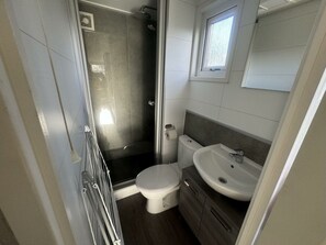 Een kleine badkamer met douche, toilet en wastafel.