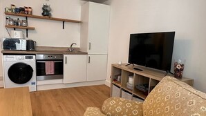 A compact living space with a washing machine, oven, sink, and a television on a stand.