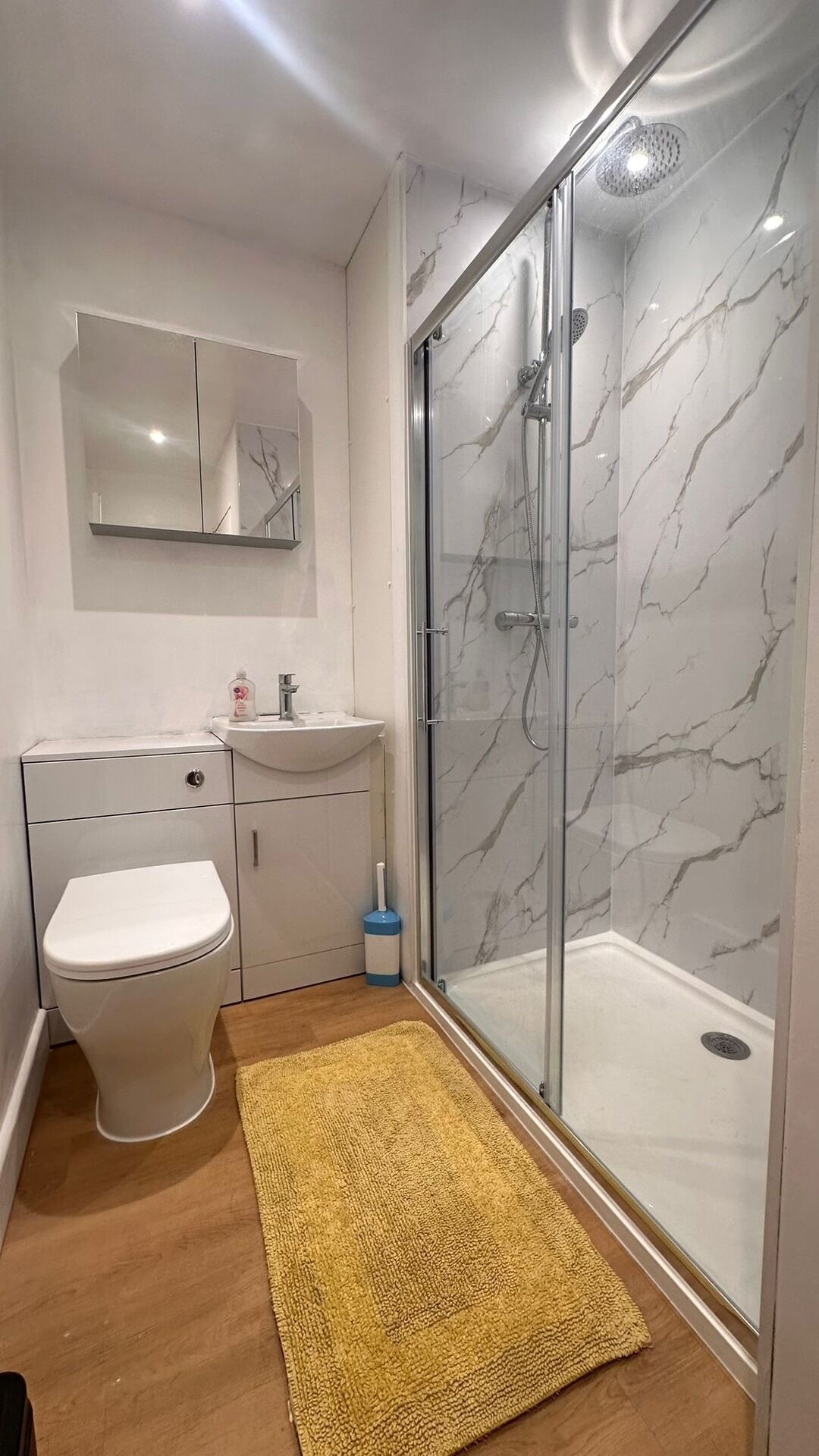 Shower, hair dryer, towels, toilet paper