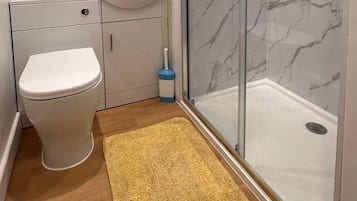 Shower, hair dryer, towels, toilet paper