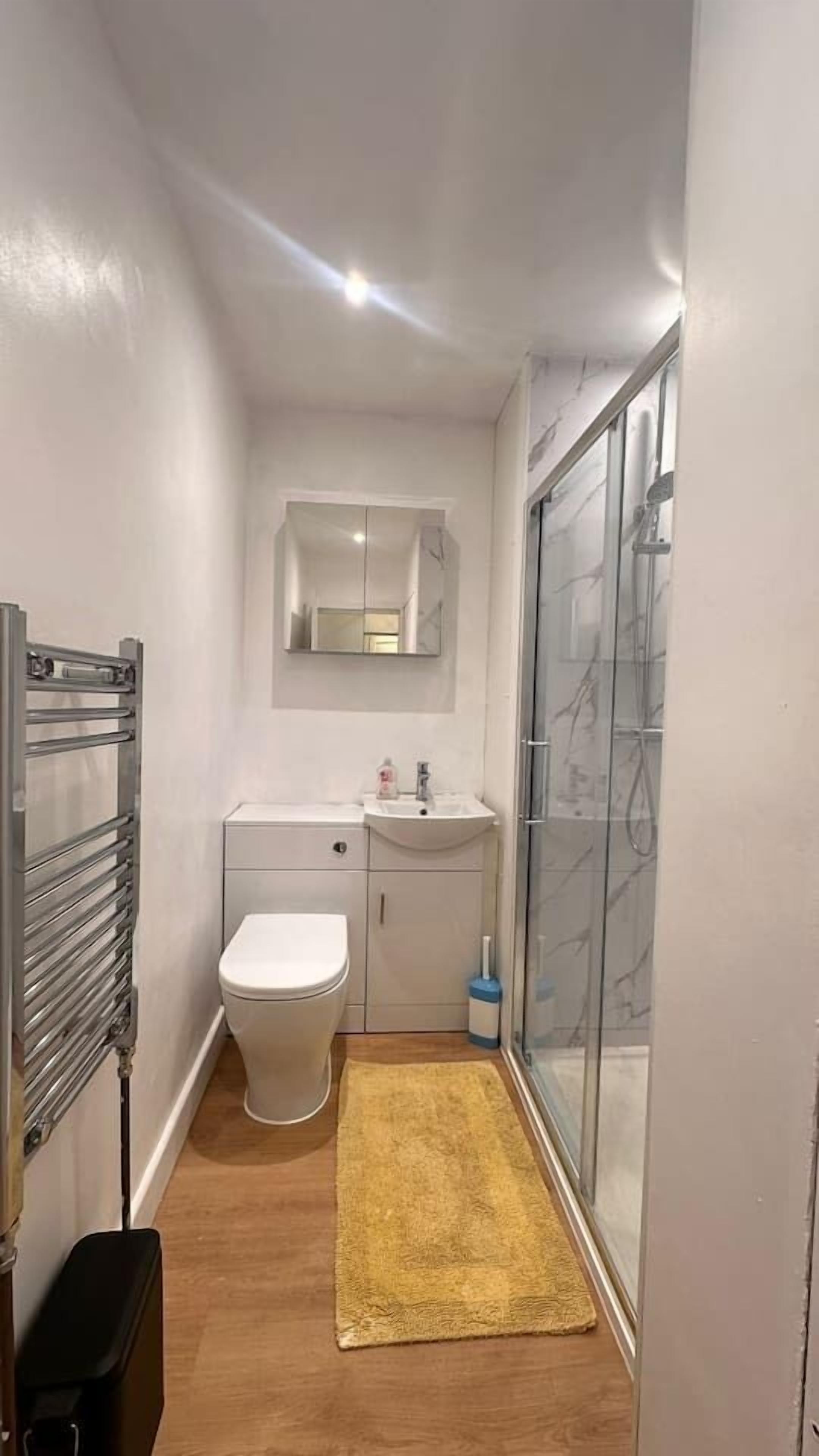 Shower, hair dryer, towels, toilet paper