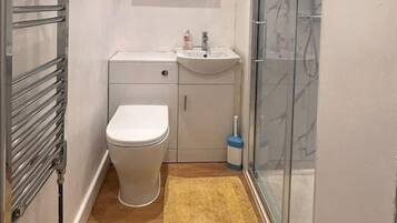 Shower, hair dryer, towels, toilet paper