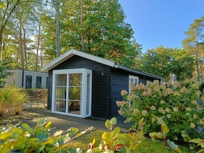 A small cabin with a glass door and windows, surrounded by trees and shrubs. - Holiday Home in Otterlo With Terrace (Otterlo)