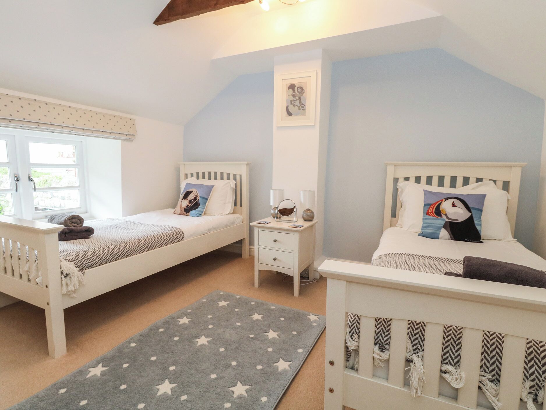 A bedroom with two single beds, a nightstand, a window, and a star-patterned rug.
