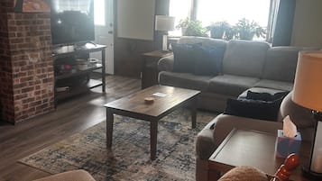 TV connectée, cheminée, livres