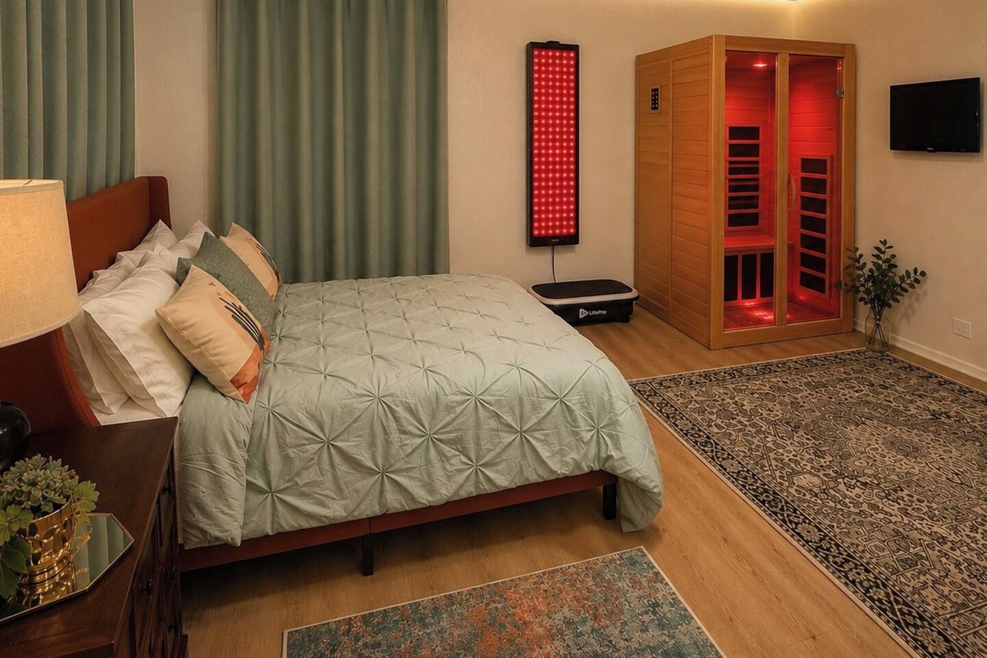 Quarto com cama, cadeira de massagem, painel de luz vermelha, armário de madeira e televisão.