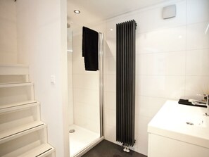 Ein modernes Badezimmer mit Duschkabine aus Glas, einem weißen Waschbecken und einem schwarzen Heizkörper.