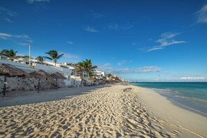 Une plage bordée de bâtiments blancs, de palmiers et de parasols en chaume.
