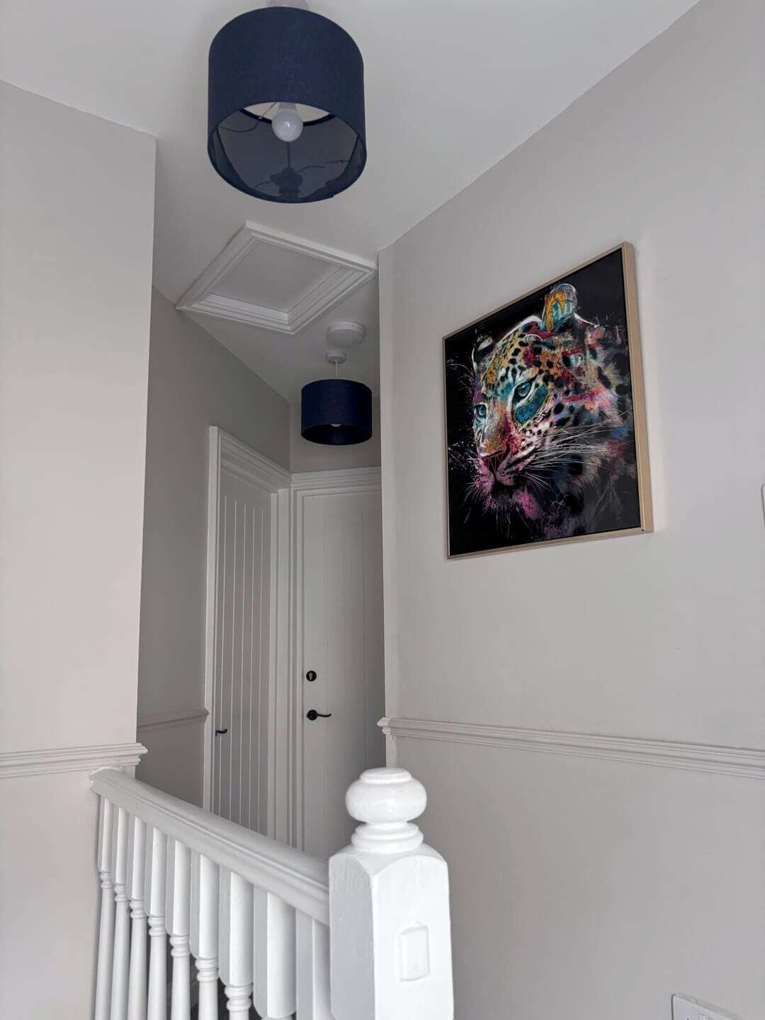 A hallway with a white door, a blue pendant light, and a framed abstract painting on the wall.