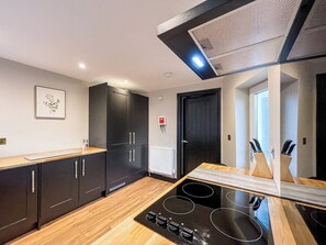 A modern kitchen with black cabinets, a wooden countertop, and a black induction cooktop.