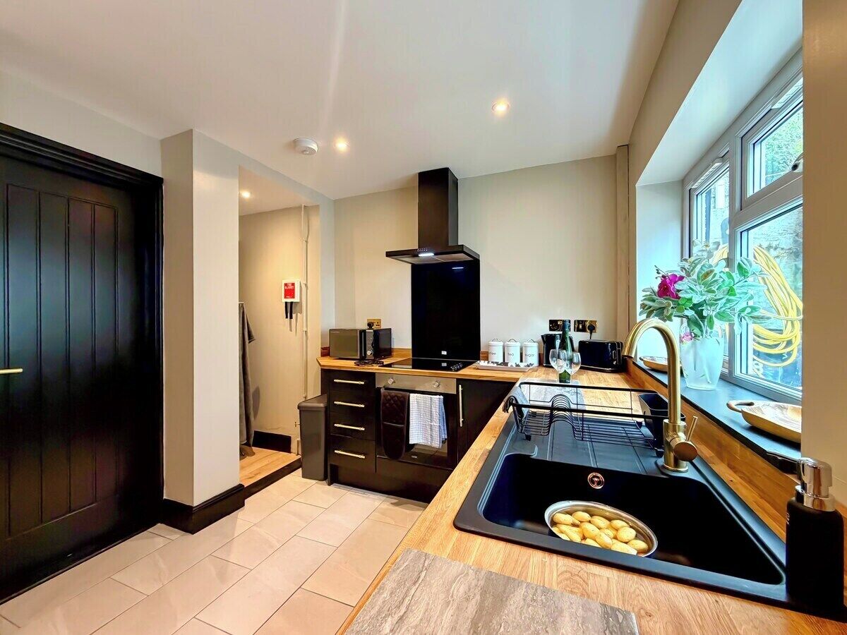 A modern kitchen with a black countertop, a stainless steel sink, and a window with plants.