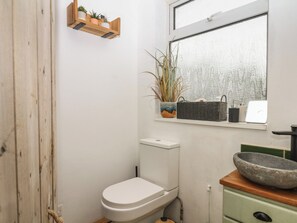 Ein kleines Badezimmer mit Toilette, einem Fenster mit Aussicht, einem Regal mit Pflanzen und einem Steingefäß auf einer Holzablage.