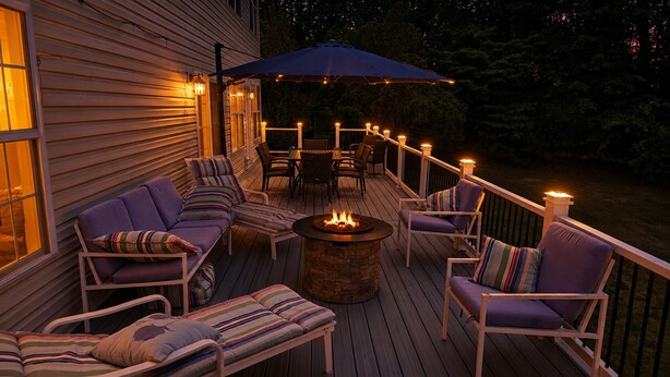 A deck with outdoor furniture, a fire pit, and string lights. - Lake Anna Waterfront Family & Pet Friendly Retreat! With 5+ BRs 4 BAs. (Spotsylvania Courthouse)