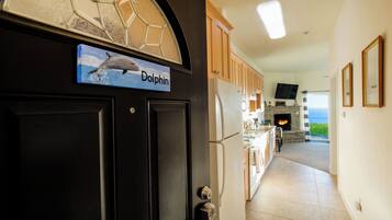 A kitchen with a stone fireplace, a sign reading "Dolphin", and a view of the ocean through a window.