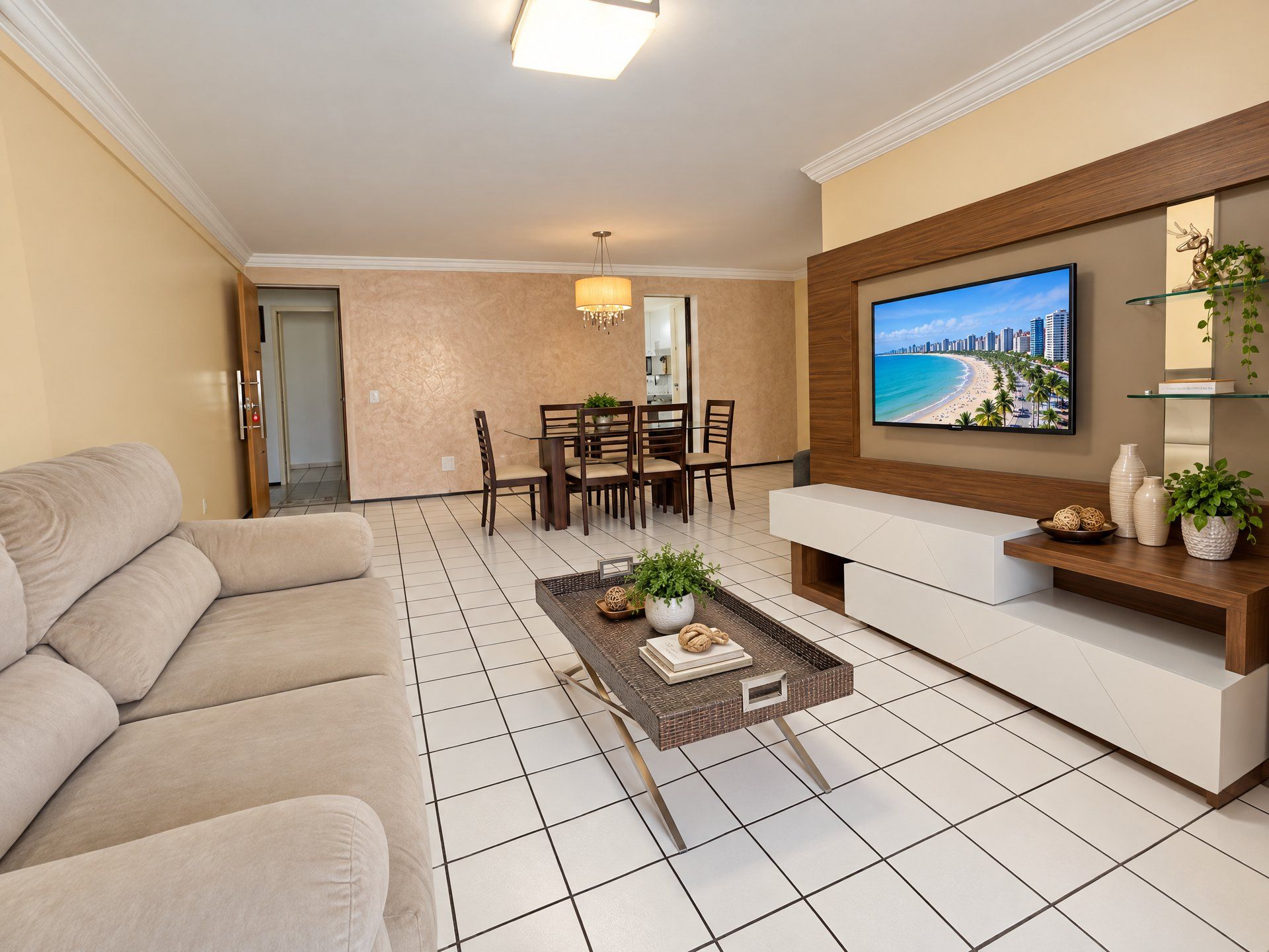 Ein modernes Wohnzimmer mit einer Couch, einem Couchtisch mit Dekoration, einem Essbereich mit Stühlen und einem an der Wand befestigten Fernseher.