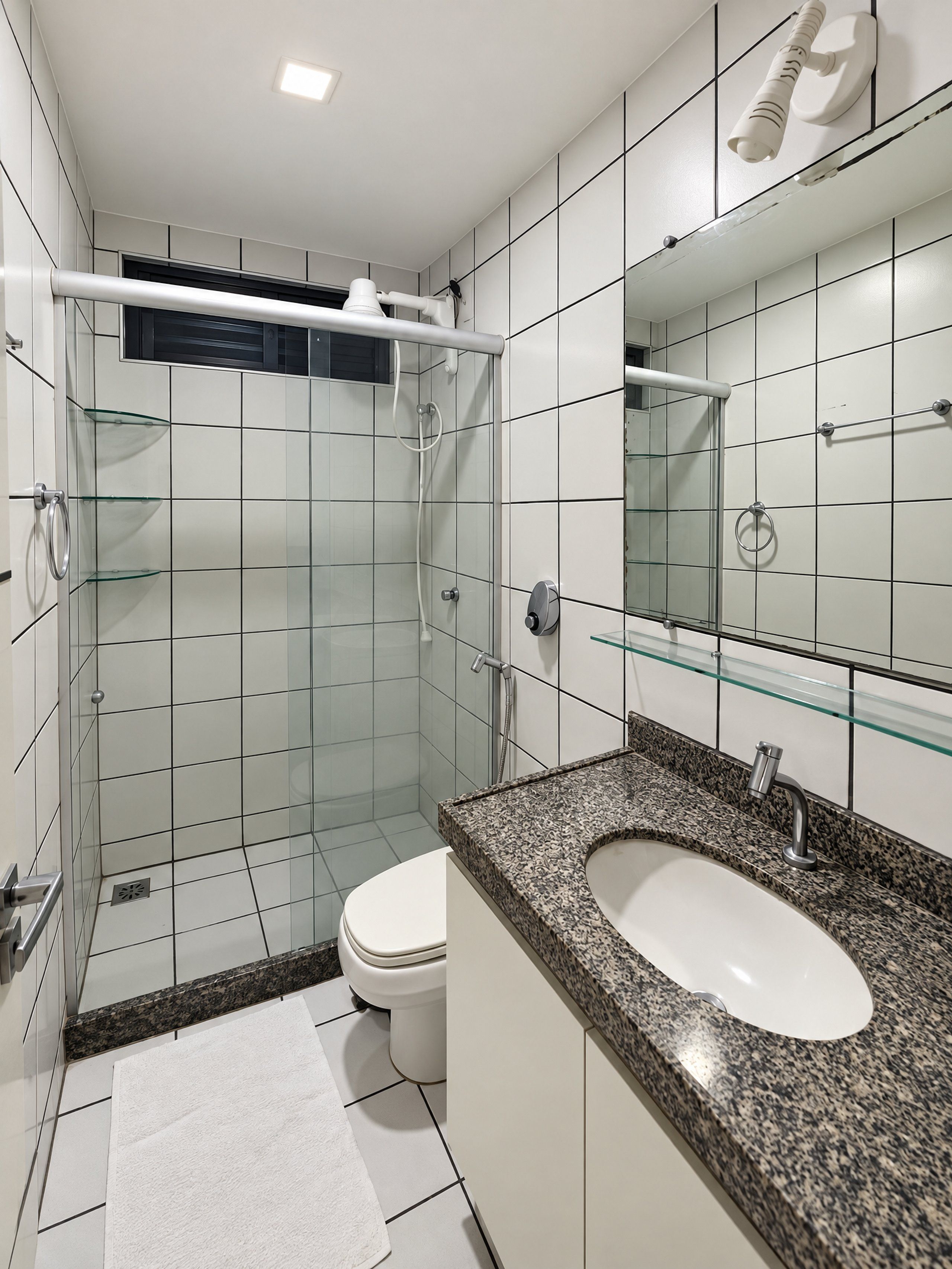 Un baño moderno con cabina de ducha de vidrio, inodoro blanco y lavabo con encimera de granito.