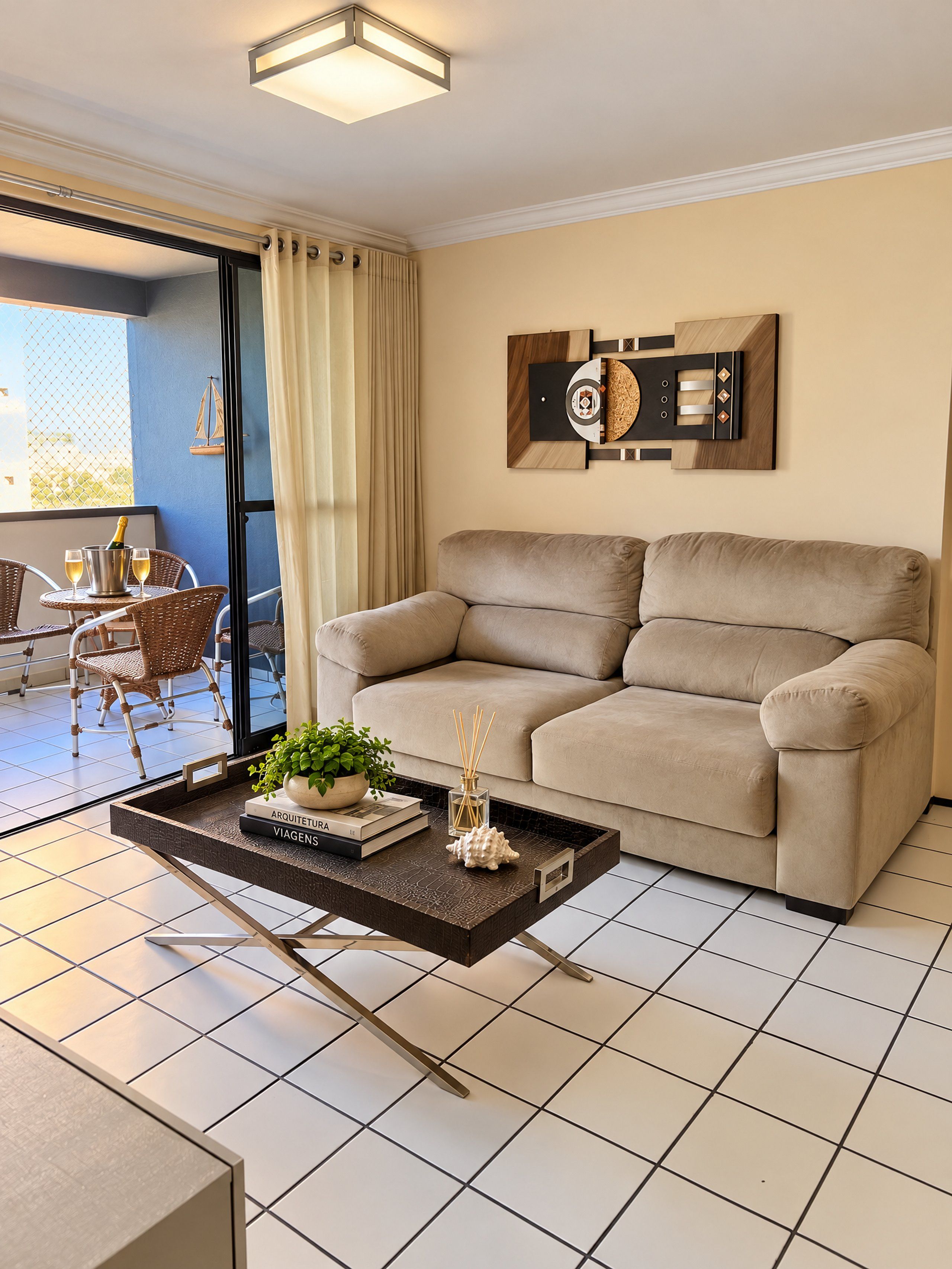A living room with a beige sofa, a coffee table with decorative items, a bookshelf, and a view through a glass door to an outdoor area with wicker furniture.