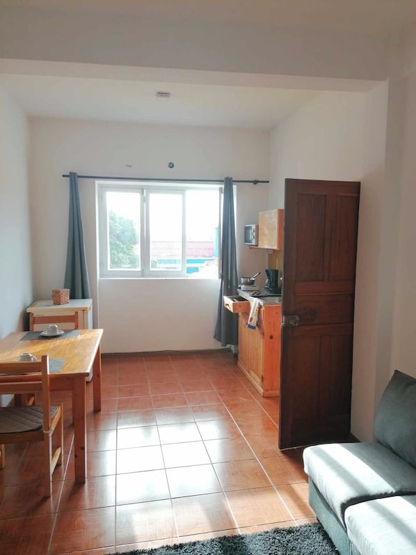 A room with a dining table, a sofa, a kitchen area, and a large window with curtains.