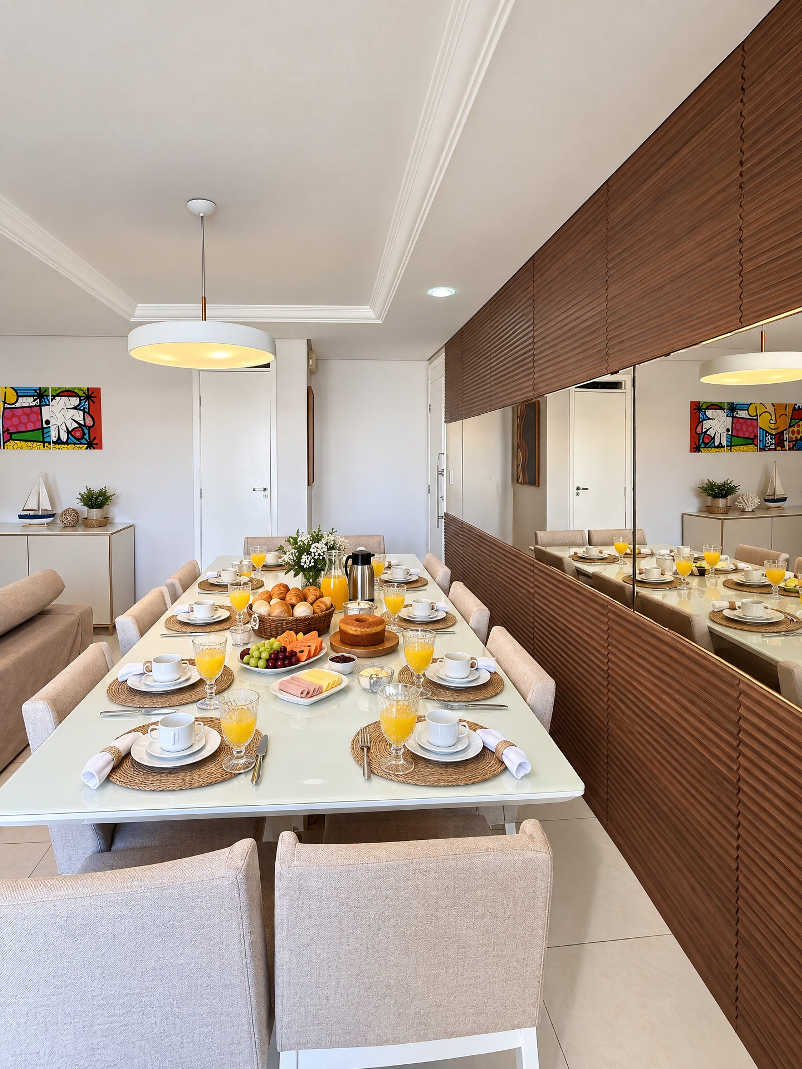 A modern dining area with a long table set for breakfast, including plates of food, glasses of orange juice, and a variety of breakfast items.