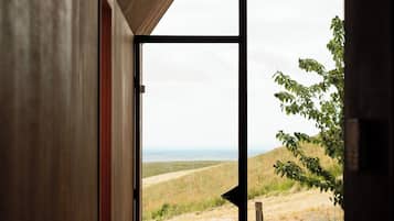 A room with a large window, a bed, and a view of a grassy landscape.