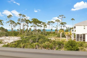 A coastal property with a white building, dense vegetation, and a beach in the background.