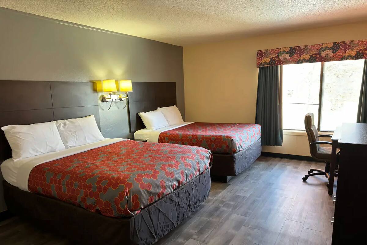 Double Room, 2 Queen Beds | Desk, blackout drapes, soundproofing, iron/ironing board