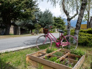 A pink bicycle parked on a street with a garden bed in the foreground. - Chalet Remondet by Interhome (Sarre)