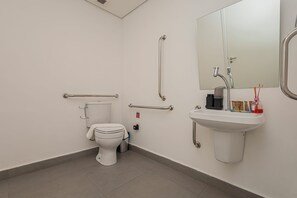 Ein Badezimmer mit Toilette, Haltegriffen, Waschbecken und Spiegel.