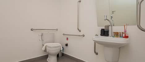 A bathroom with a toilet, handrails, a sink, and a mirror.