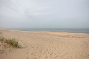 A sandy beach with sparse vegetation and a calm sea under an overcast sky. - Waterfront Studio, newly renovated, A Cool Studio, Glen Arbor M22 Crystal River (Glen Arbor)