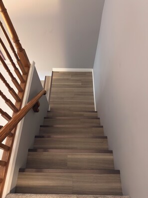 Eine Holztreppe mit einer weißen Wand und Teppichstufen.