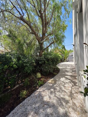 A gravel pathway leading to a building with a large tree and dense foliage on one side. - Elegant new villa just steps from the beach - Air conditioning (Hyères)