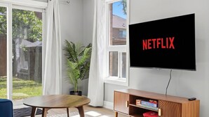 A living room with a large TV displaying 'NETFLIX,' a wooden table, a potted plant, and a view of the outdoors through large windows. - Private 1BR Apt | WiFi | Parking | Nr all Amenities (Mississauga)