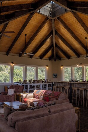 Een rustiek interieur met een hoog houten plafond, een gezellig zitgedeelte met een bank en fauteuils, een bar met krukken, en grote ramen met uitzicht op groen.