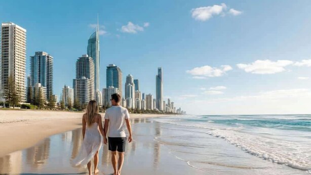 Um casal caminhando na praia com o skyline de uma cidade ao fundo.